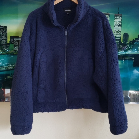 Navy Blue Sherpa / Teddy Bear Jacket w Pockets Large nwot - Picture 2 of 4